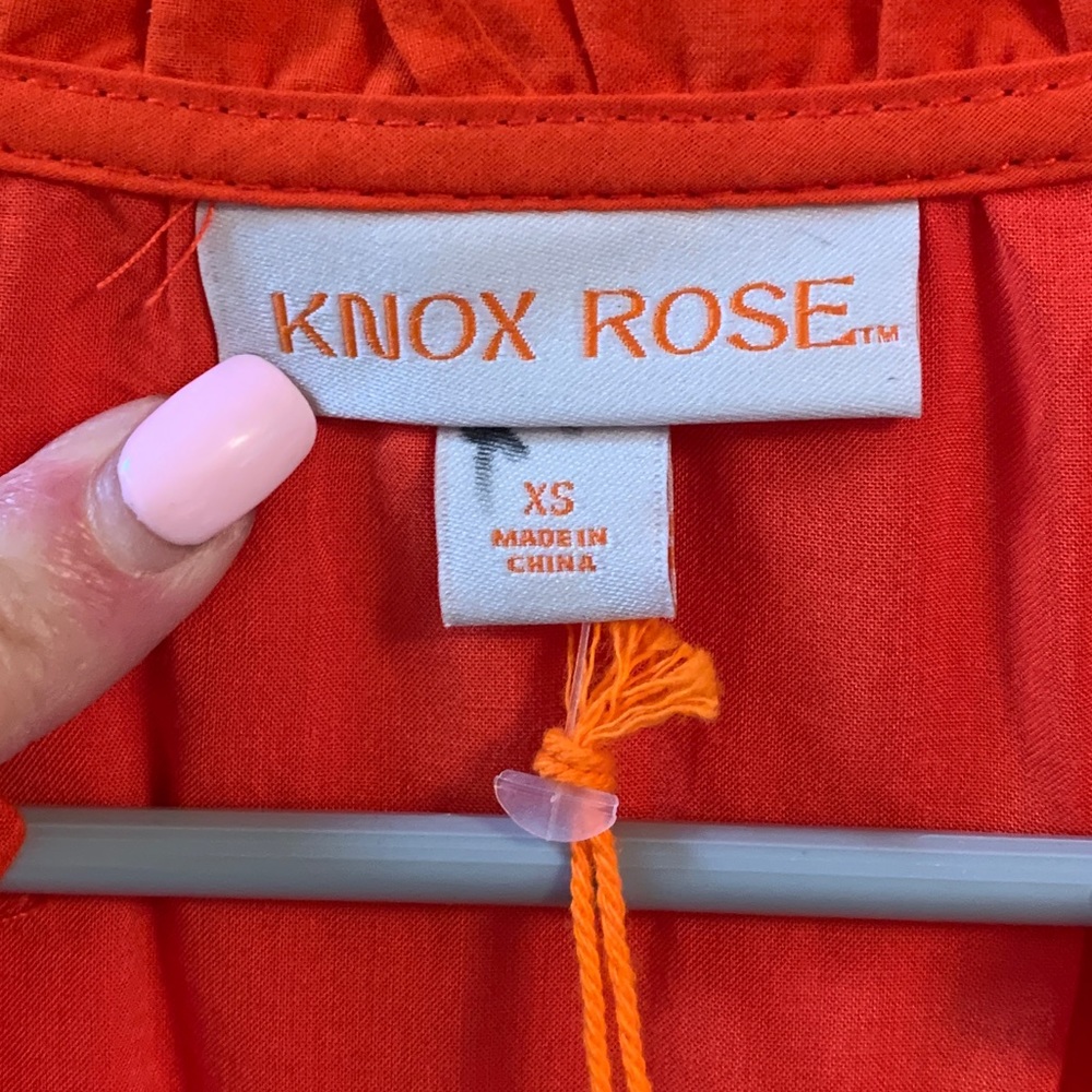 (K228) NWOT Knox Rose 3/4 Sleeve Red-Orange Sz XS Eyelet Dress Scalloped Hemline - Picture 4 of 12